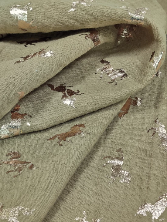 mintás pamut dupla géz /foil /lovak /beige