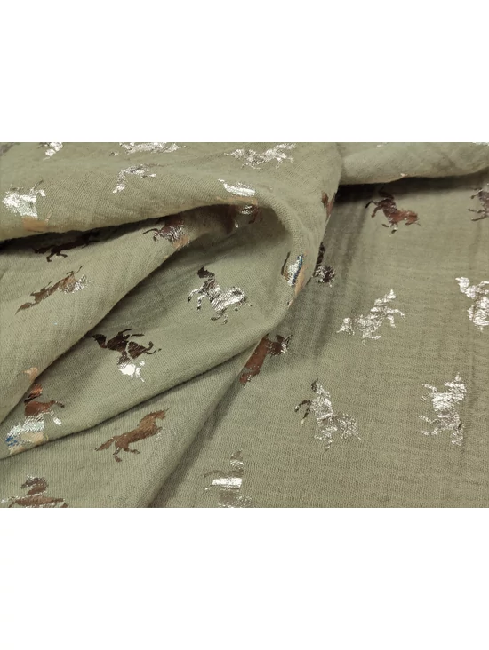 mintás pamut dupla géz /foil /lovak /beige