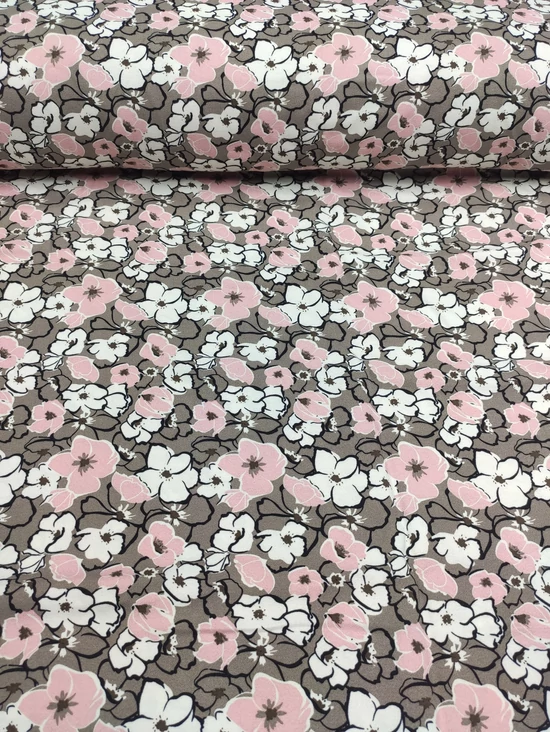 mintás viszkóz georgette /rózsaszín-krém virágok (legnagyobb virág 4.5cm×4.5cm) /taupe