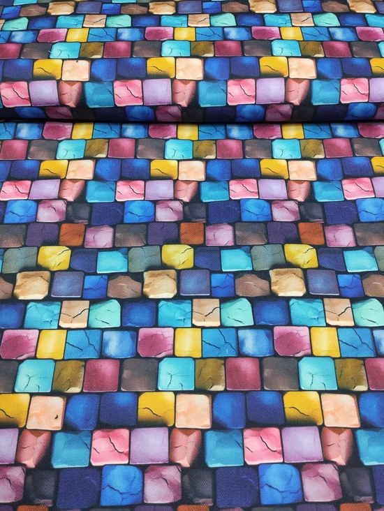 vízlepergetős mintás vastag vászon /canvas /színes, repedt téglák (rózsaszín 2.8cm×2.4cm) /fekete