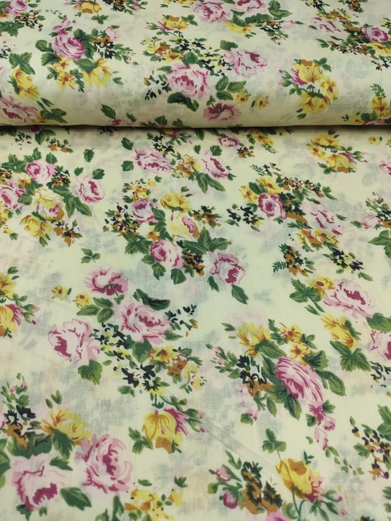 mintás pamut voile /rózsaszín-sárga virágok (legnagyobb csokor 11.4cm×8.6cm) /halvány sárga