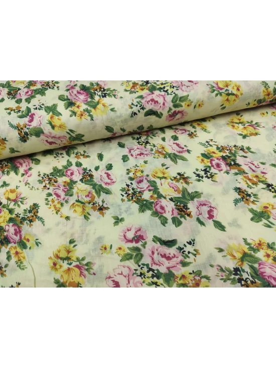 mintás pamut voile /rózsaszín-sárga virágok (legnagyobb csokor 11.4cm×8.6cm) /halvány sárga