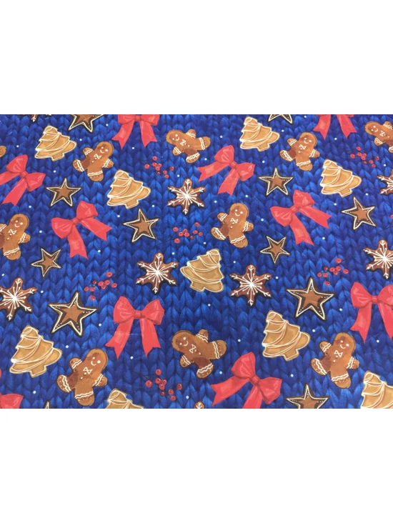 elasztikus mintás plüssvelúr /mézes karácsony (mézeskalács fenyőfa 5cm×5cm) /sötét királykék