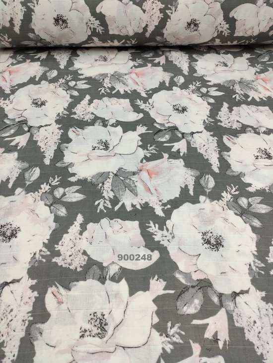 pelenka-pamut muszlin 160cm széles /nagy virágok (tripla virág 30cm*25cm)/ szürke
