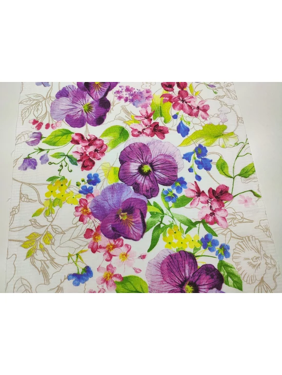 mintás darázs anyag /50cm széles /színpompás virágok (legnagyobb árvácska 12cm×11.5cm) /törtfehér
