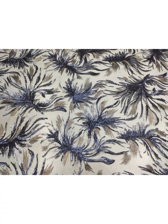 flitteres mintás tüll /kék-drapp virágok (egy virág 13cm×15cm) /fekete