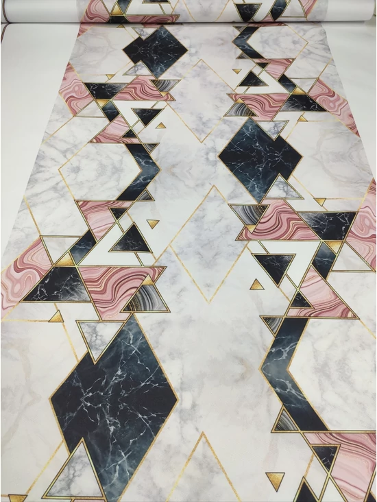 mintás HEKTOR vízhatlan anyag /80cm széles /fekete-rózsaszín geometriai mintás (nagyobb fekete háromszög 6x6cm) /világosszürke márvány