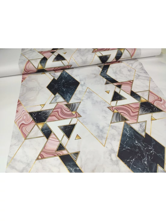 mintás HEKTOR vízhatlan anyag /80cm széles /fekete-rózsaszín geometriai mintás (nagyobb fekete háromszög 6x6cm) /világosszürke márvány