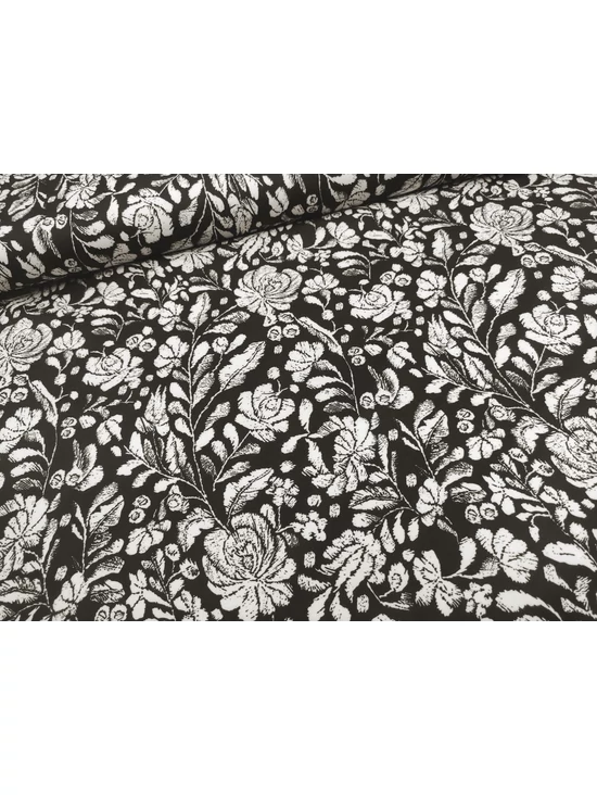 mintás barbie anyag DIGITAL PRINT /fehér hímzett hatású virágok (legnagyobb rózsafej 6.1cm×6cm) /fekete