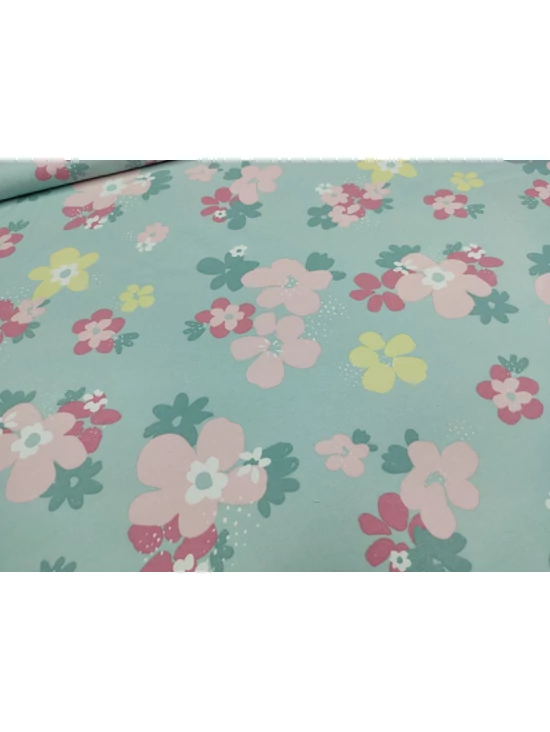 egyoldalas mintás frottír /pasztell virágok (legnagyobb sárga virág 6cm×5.7cm) /világos menta