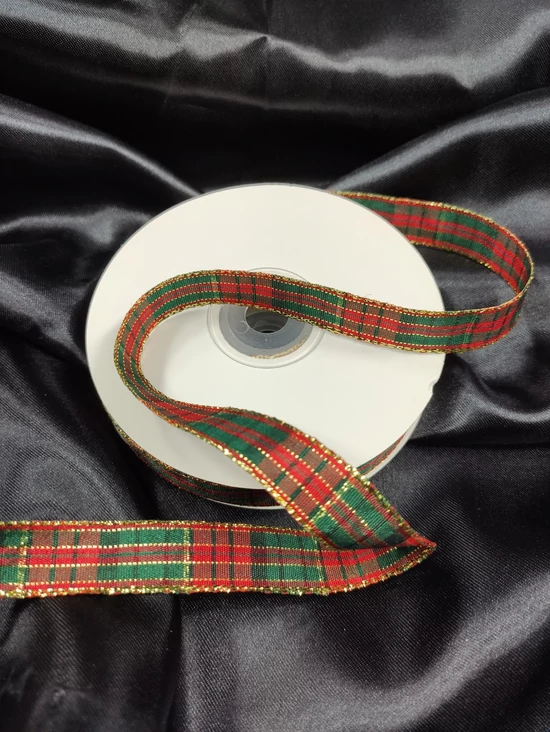 lurex szálas díszitő szalag /15mm /kockás /piros-zöld